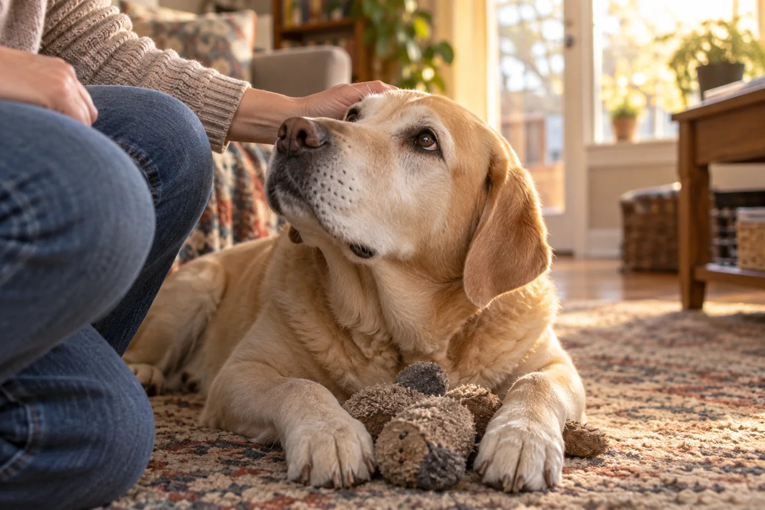 Illustration of an older yellow Labrador resting with a toy while their caretaker sits beside them