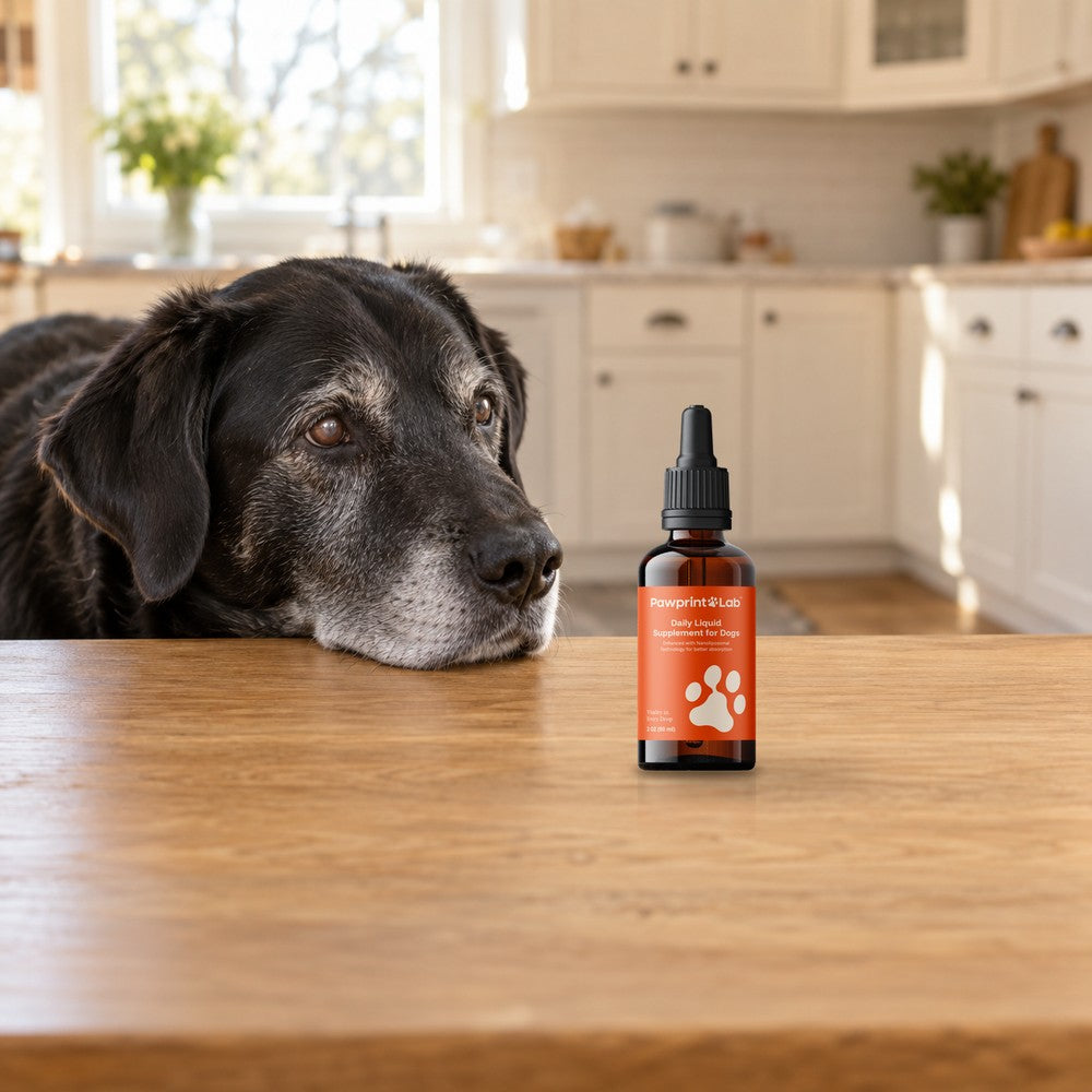 An old black Labrador mix resting his grey chin on a kitchen table, looking at a bottle of Pawprint Protocol beside him