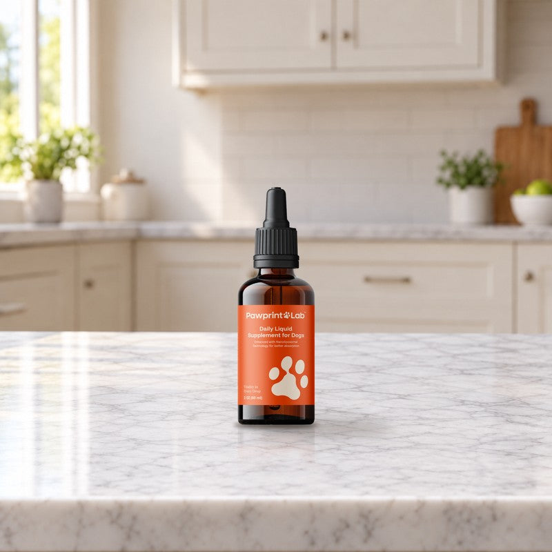 One bottle of Pawprint Protocol standing alone on the same marble counter