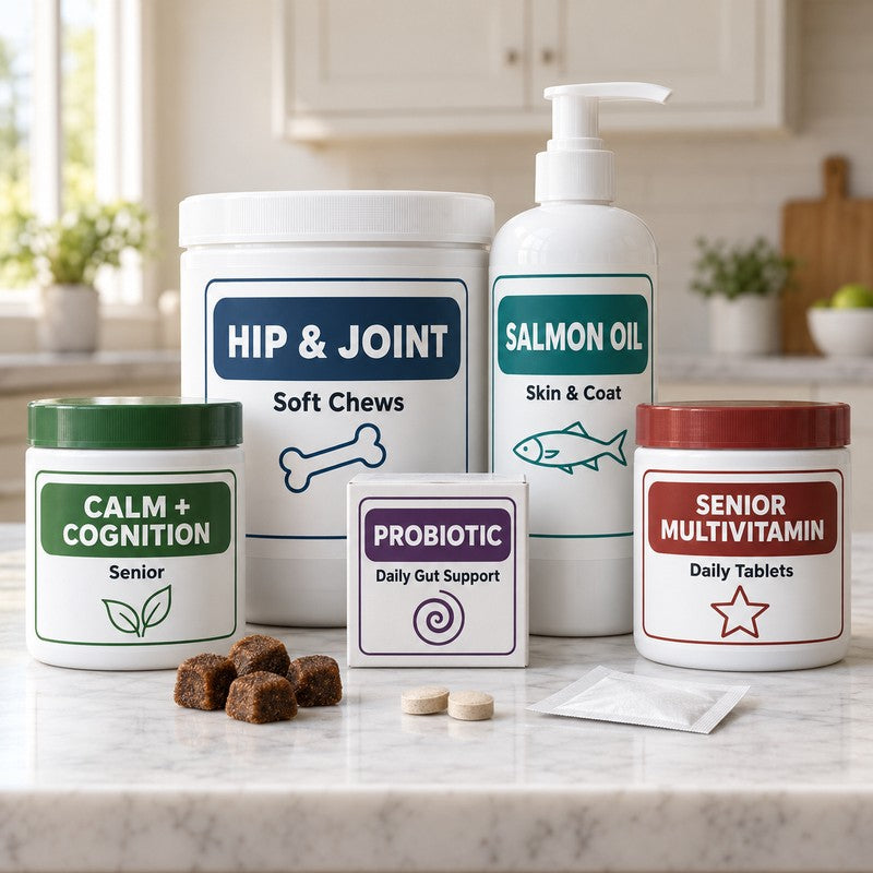 A crowded pile of five labeled supplement containers on a marble counter: hip and joint soft chews, salmon oil, calm and cognition, probiotic and senior multivitamin