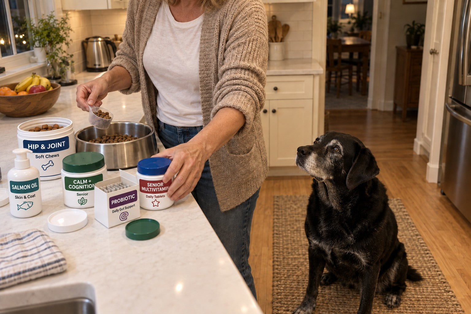 At dinner, a woman’s hands push labeled supplement jars aside to reach a dog bowl on a crowded kitchen counter while an old black dog with a grey muzzle sits on the floor, waiting