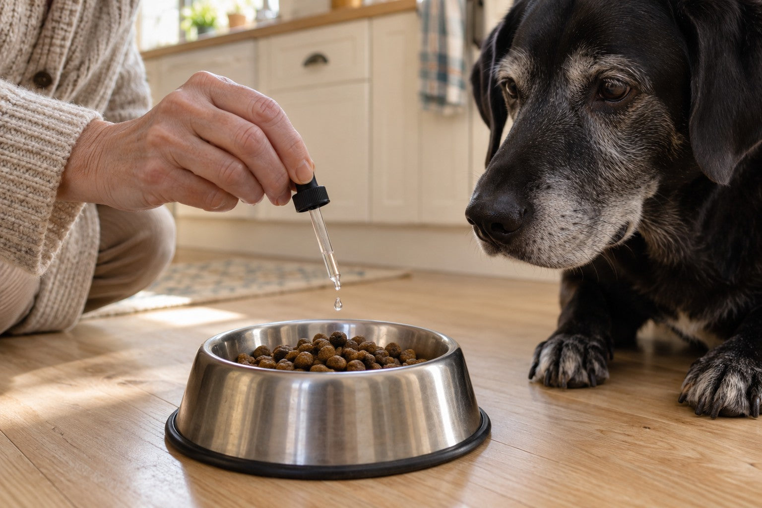 A clear, water-like drop falling from a glass dropper onto kibble in a steel bowl while an old black dog’s grey muzzle waits beside it