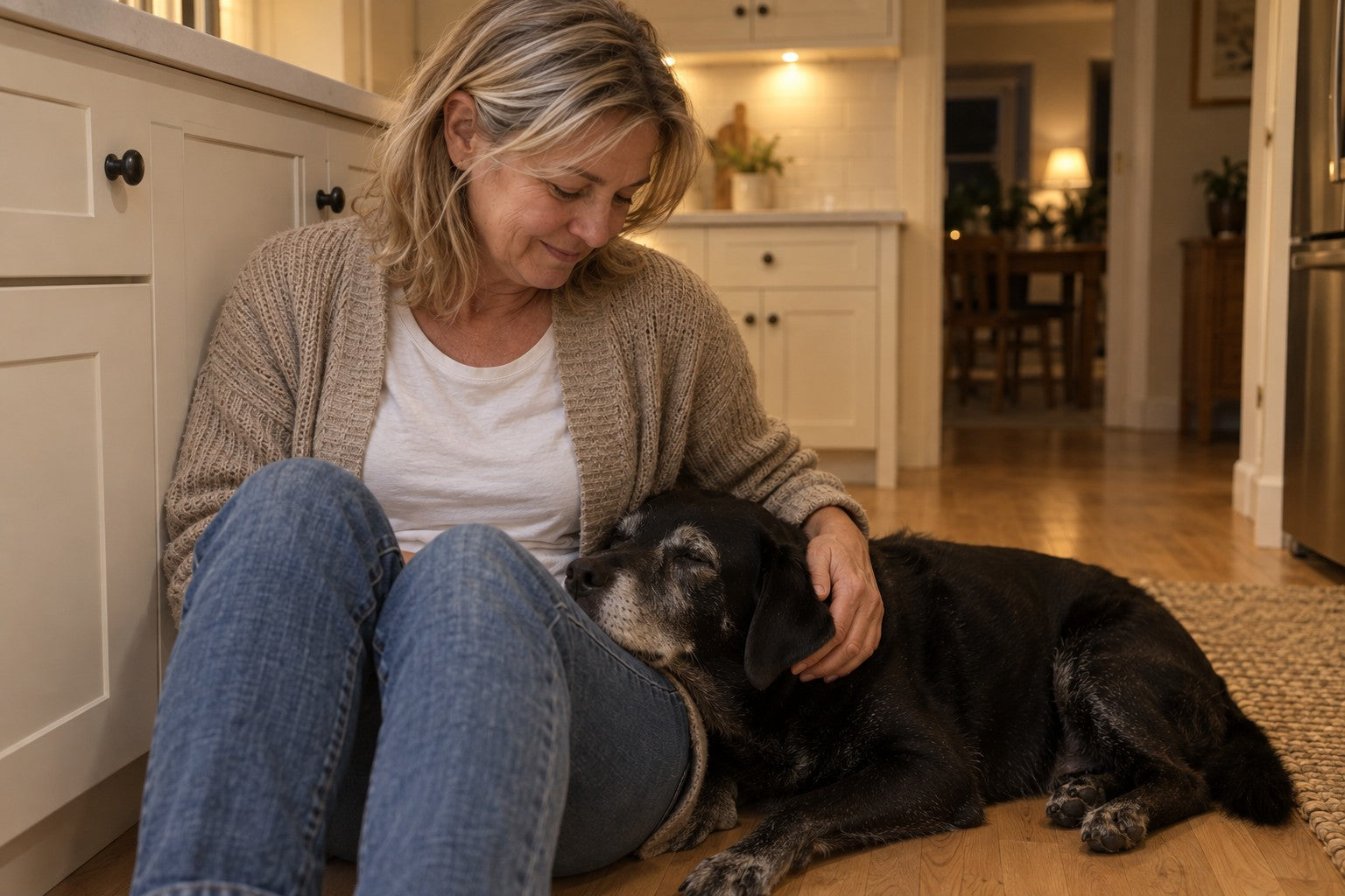Late evening: a woman sits on the kitchen floor against the cabinets with her old black dog’s grey chin resting on her leg, the counter above them clear