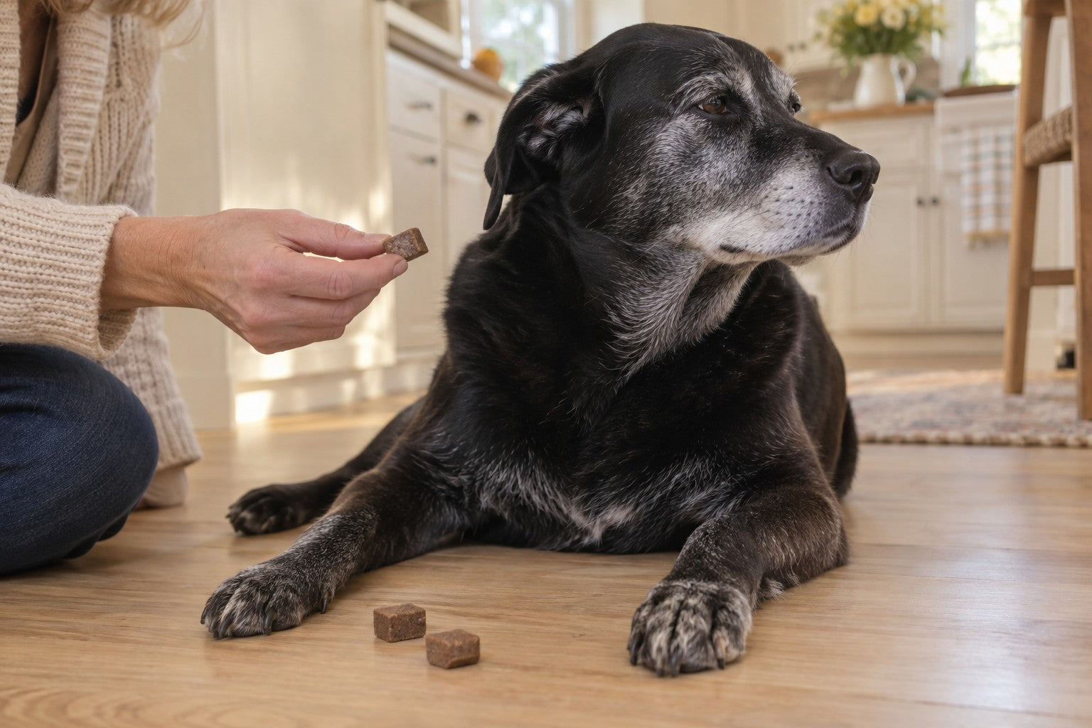 An old black dog lying on the kitchen floor turns his grey muzzle away from a soft chew held out in a woman’s fingers, two more chews untouched by his paws