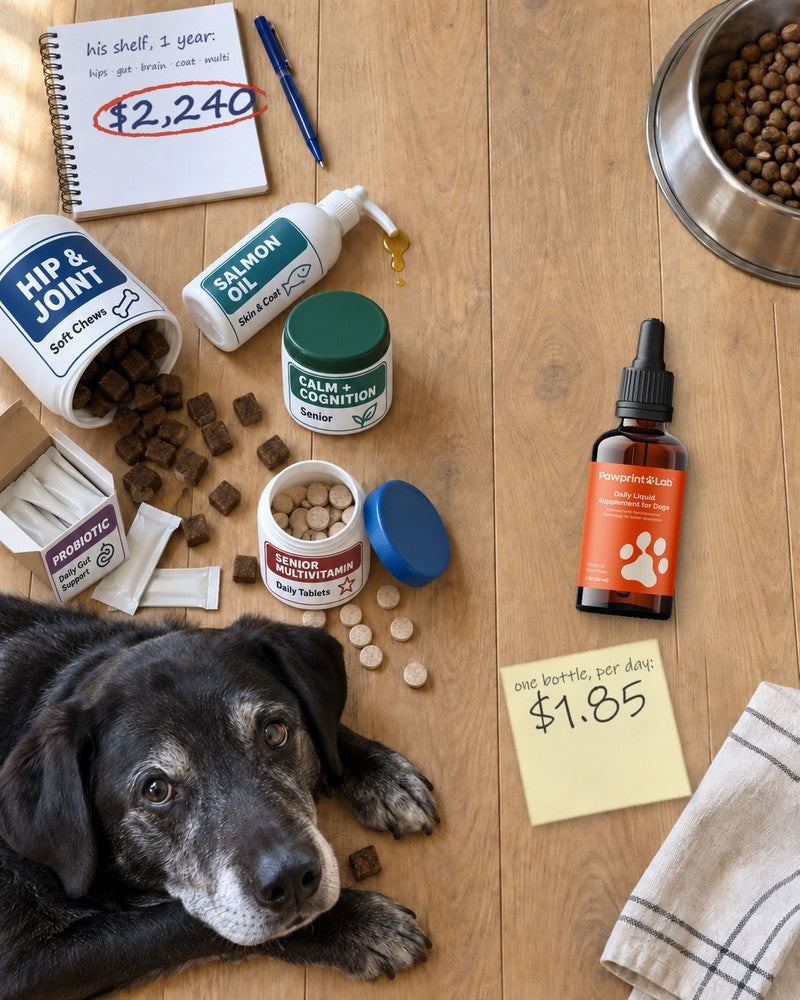 Overhead photo of a kitchen floor. Left: an old black Labrador mix with a grey muzzle lies among five open supplement jars labeled hip and joint, salmon oil, calm and cognition, probiotic and senior multivitamin, below a notepad that reads “his shelf, 1 year” and $2,240, circled in red. Right: one bottle of Pawprint Protocol near his food bowl, with a sticky note that reads “one bottle, per day: $1.85.”