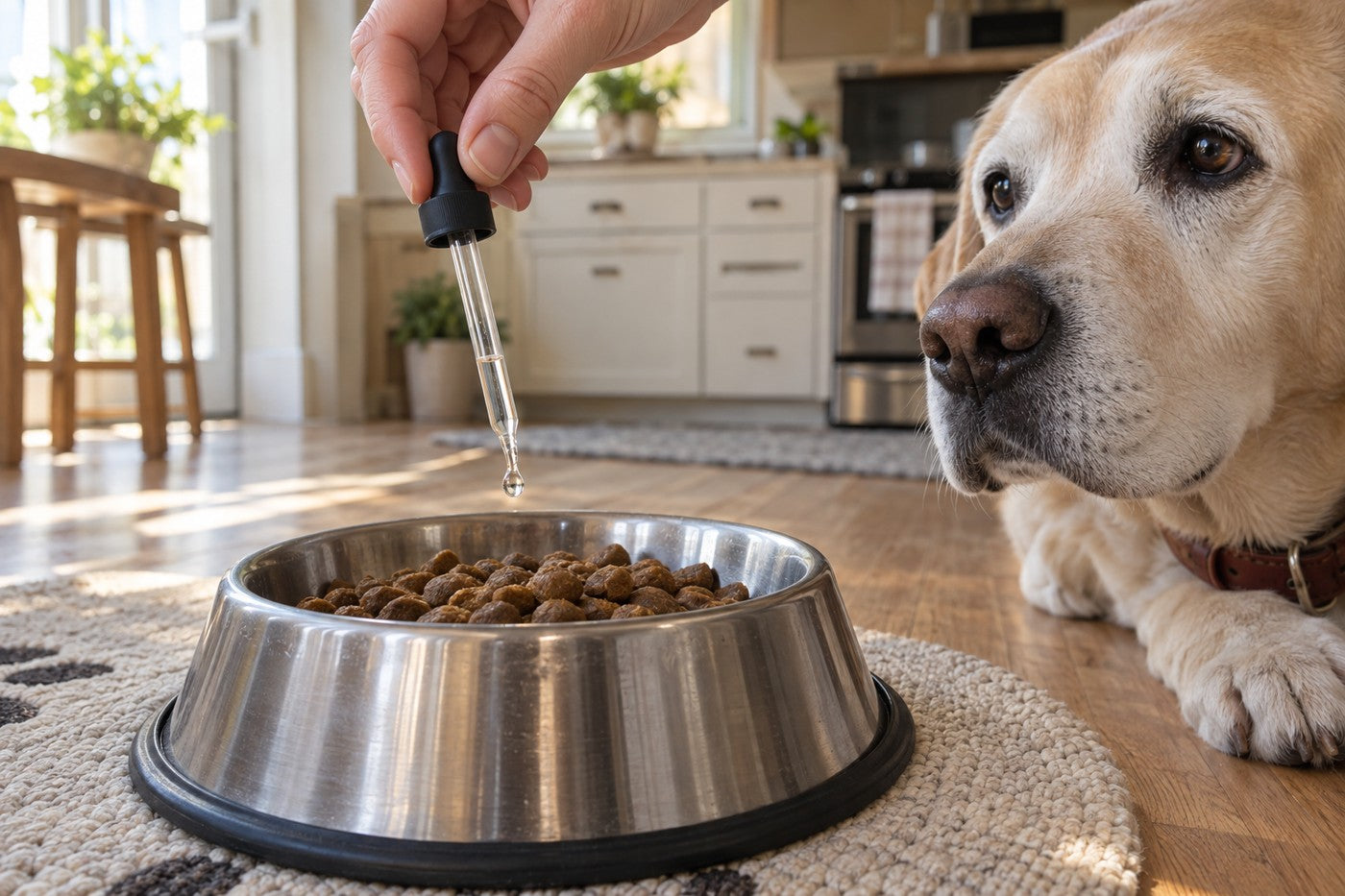 Pawprint Protocol liquid drops being added to a dog's food