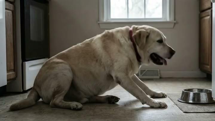 Older Labrador taking a moment to rise beside the food bowl