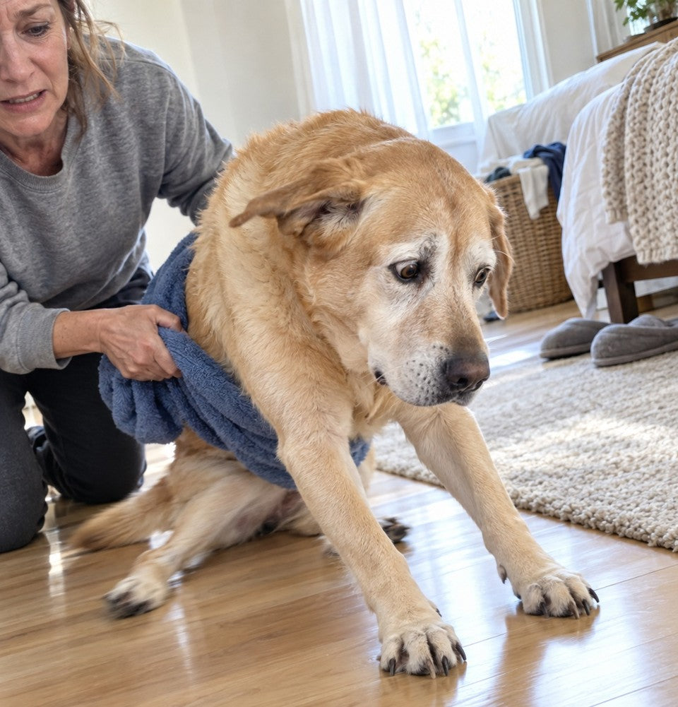 Illustrative image: a senior yellow Labrador scrabbling on a slick bedroom floor as his hind legs give way, while his owner, half out of the frame, holds a towel under his belly to steady him