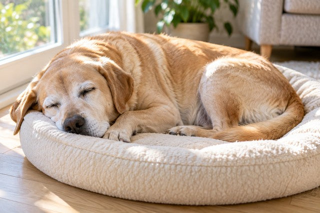 Illustrative image: a senior yellow Labrador with a gray muzzle asleep on a round dog bed beside a sunny window