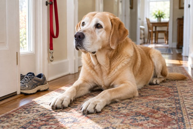 Illustrative image: a senior yellow Labrador lying on a hallway runner beside the front door, his head lifted, a red leash on the wall hook and a pair of sneakers on the floor