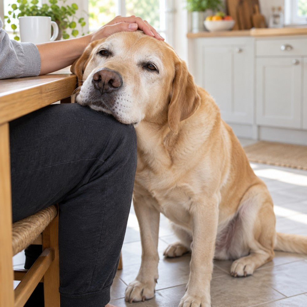 Illustrative image: a senior yellow Labrador resting his chin on his owner’s knee at the kitchen table while her hand rests on his head