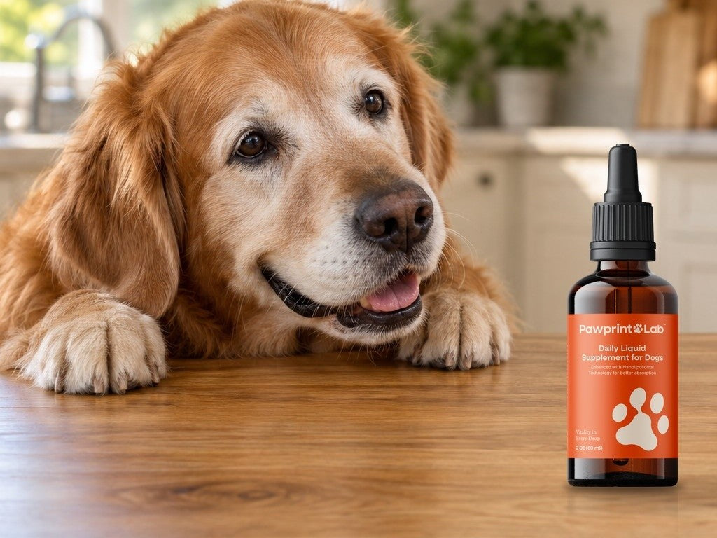 A happy senior golden retriever resting his chin on a kitchen table beside a bottle of Pawprint Protocol