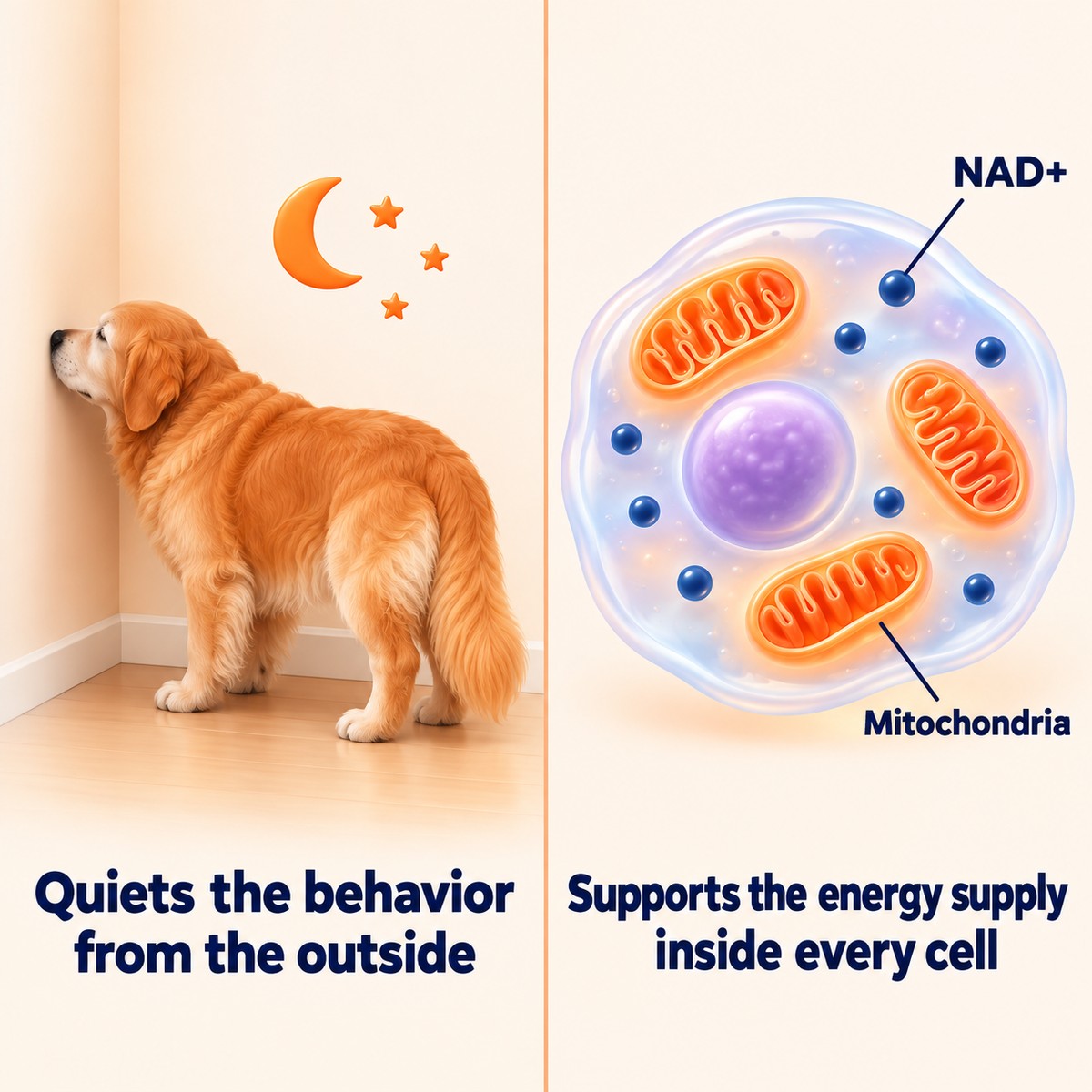 Illustrative diagram: on the left a senior golden retriever with his nose in a corner of the room, captioned 'Quiets the behavior from the outside'; on the right a cell with mitochondria and NAD+, captioned 'Supports the energy supply inside every cell'