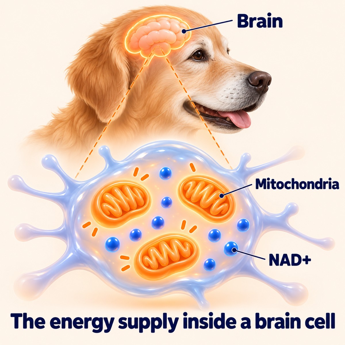Illustrative diagram: the head of a senior golden retriever with a stylised brain marked, zooming into one brain cell filled with mitochondria and NAD+, captioned 'The energy supply inside a brain cell'