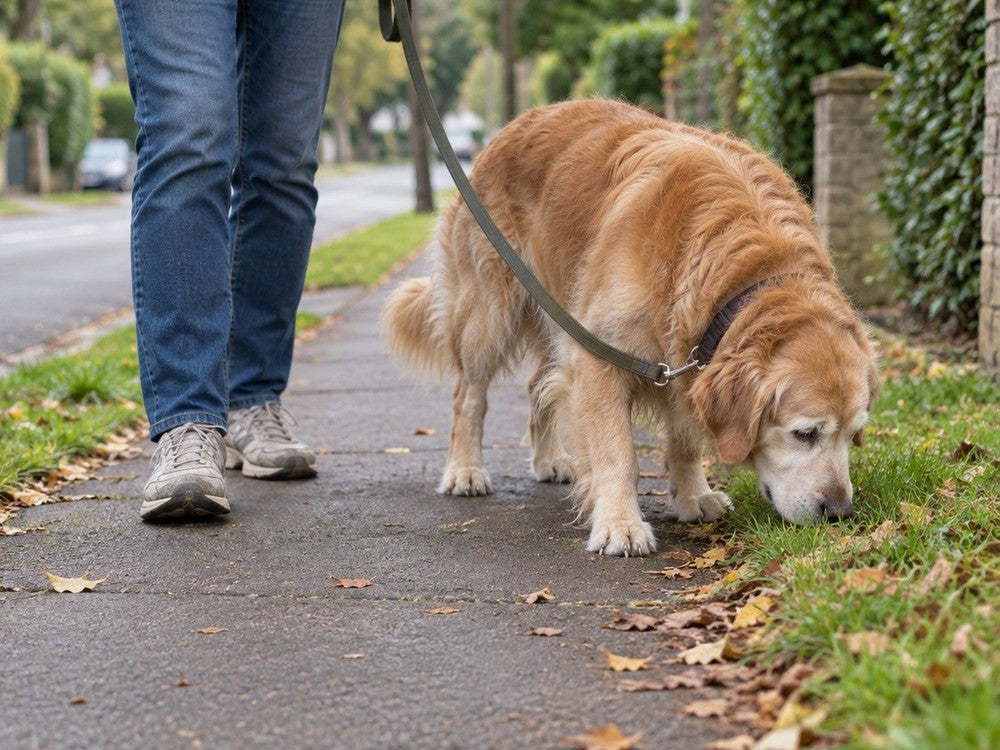 Illustrative scene: an older golden retriever on a lead sniffing the grass at the edge of an autumn sidewalk beside his owner’s legs