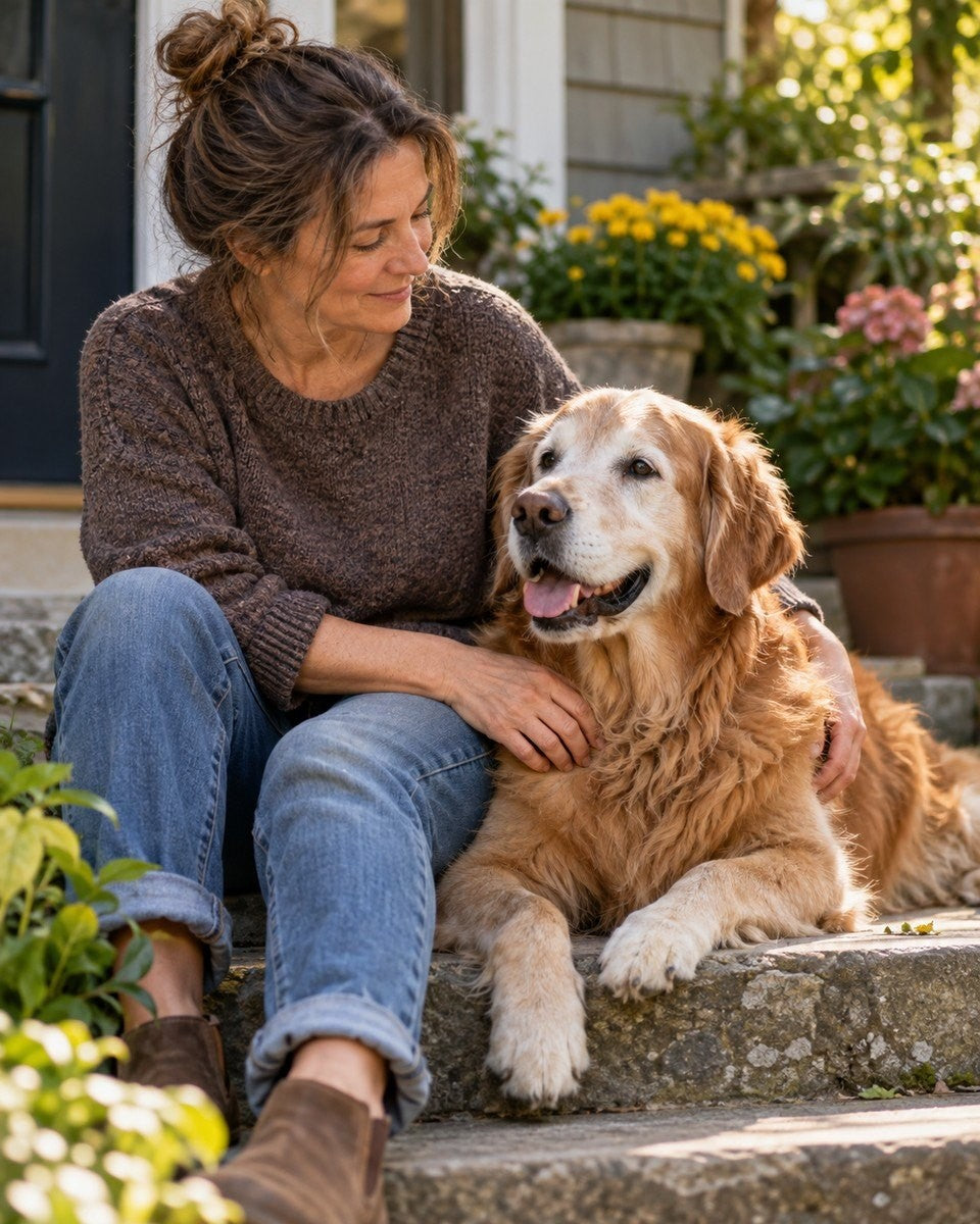Illustrative scene: a woman sitting on stone garden steps with her arm around a smiling older golden retriever