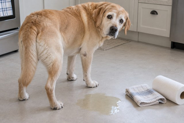 Illustrative image: a senior yellow Labrador in a kitchen looking back over his shoulder with a puzzled expression, a wet patch on the floor beside a folded towel and a roll of paper towels