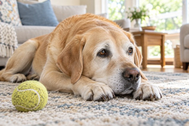 Illustrative image: a senior yellow Labrador resting his head on his paws on a living-room rug beside a tennis ball he is ignoring