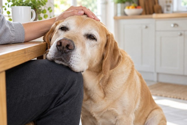 Illustrative image: a senior yellow Labrador resting his chin on his owner’s knee at the kitchen table while her hand rests on his head