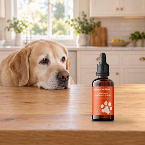 A senior yellow Labrador resting his chin on a kitchen table beside a bottle of Pawprint Protocol