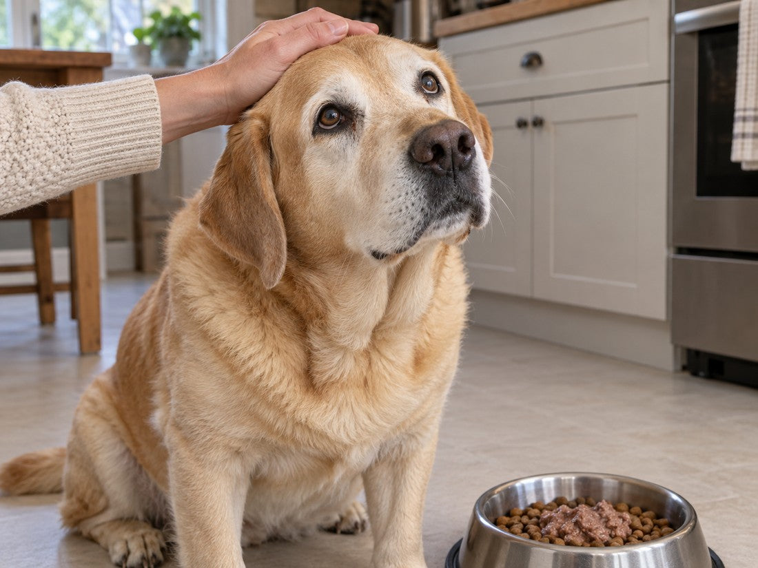 Illustrative image: a senior yellow Labrador with a gray muzzle sitting beside his food bowl, looking up while his owner’s hand rests on his head