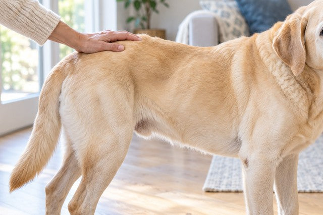 Illustrative image: close on the back and hip of an old pale yellow Labrador, an owner’s hand in a cream knit sleeve resting on his spine as if feeling for the bone under the muscle