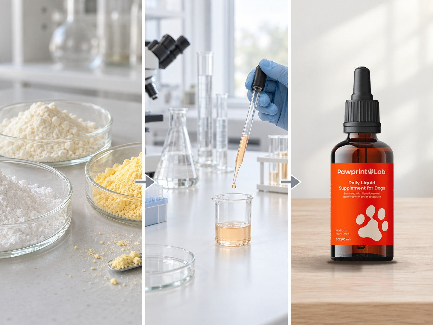 Three photos in a row: powders in glass dishes, a gloved hand dropping liquid from a pipette into a beaker, and a bottle of Pawprint Protocol on a wooden table.