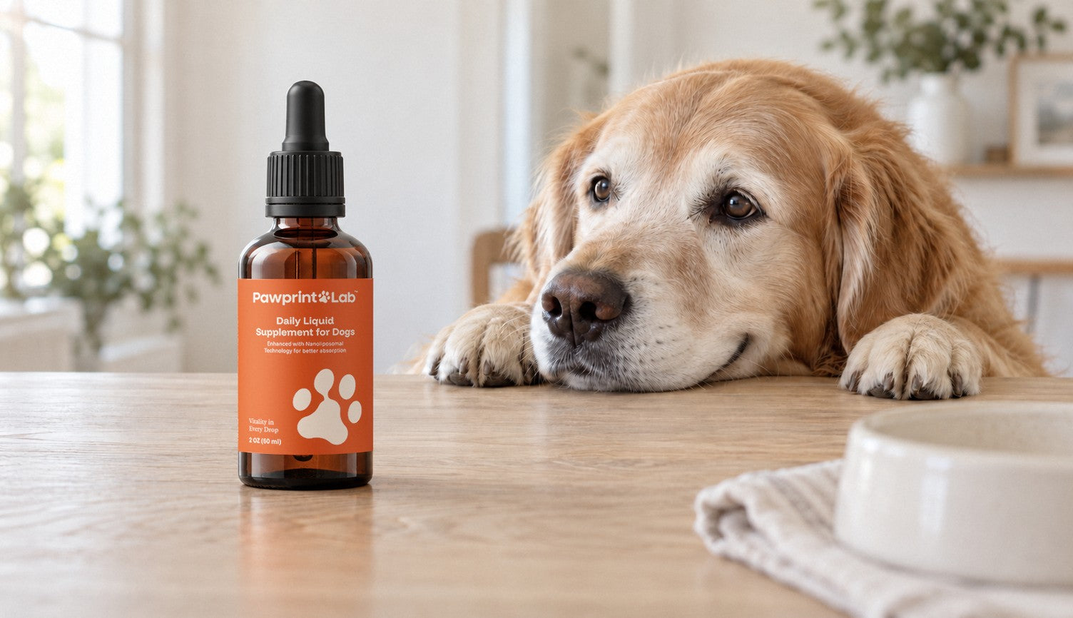A senior golden retriever rests his chin on a table beside a bottle of Pawprint Protocol.