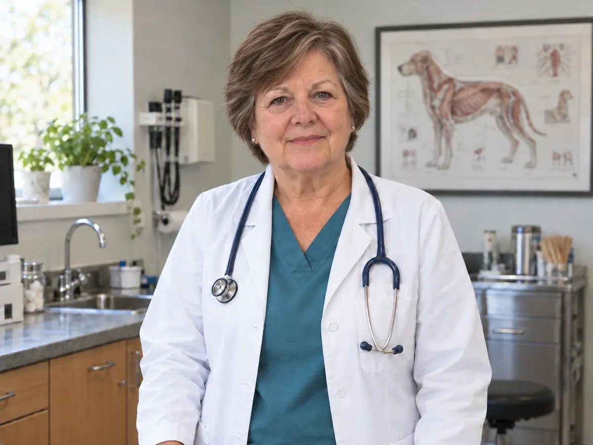 Dr. Evelyn C. Montgomery, a veterinarian in a white coat and stethoscope, standing at an exam table in her clinic.