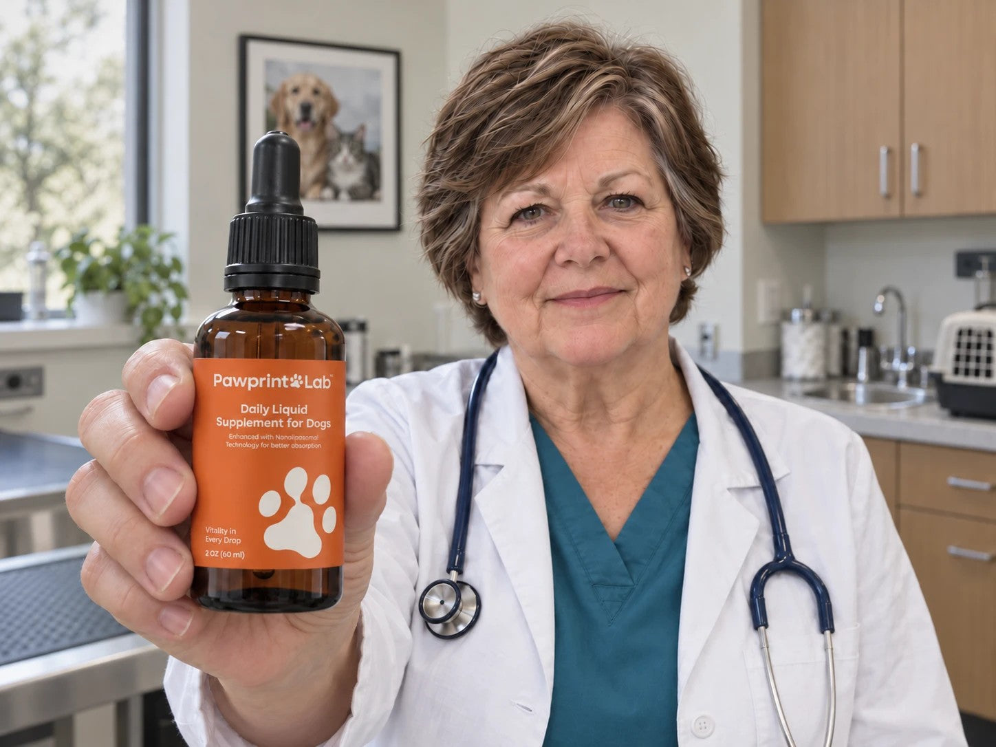 Dr. Montgomery holding up a bottle of Pawprint Protocol in her clinic.