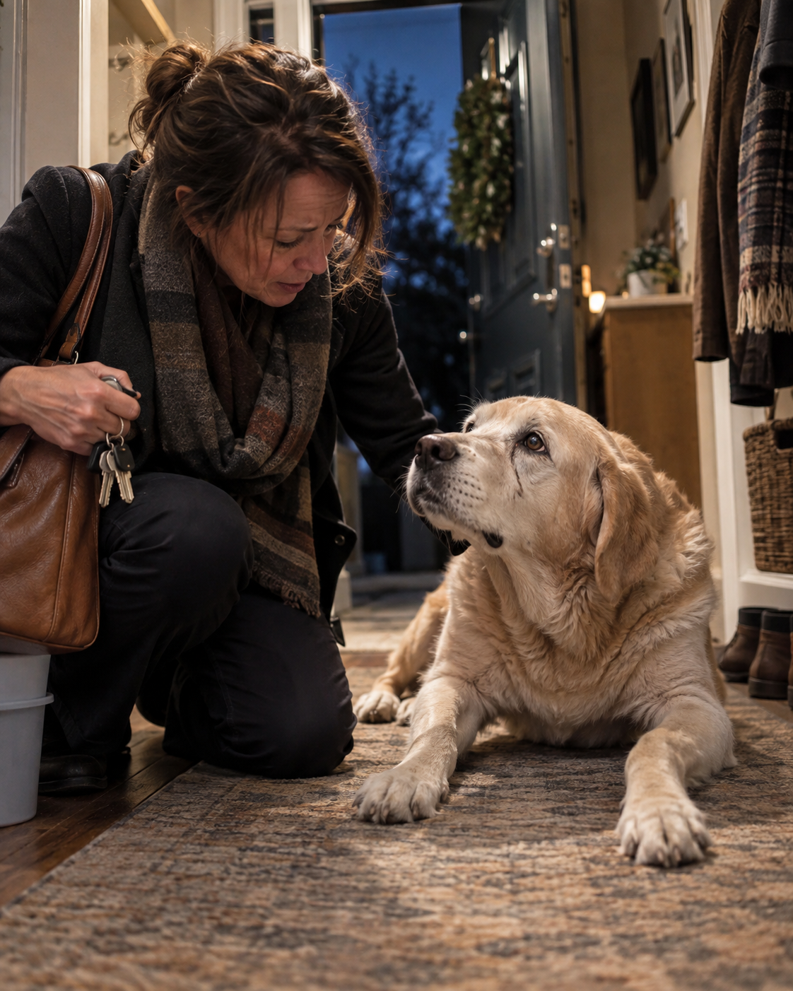 Illustrative worried caretaker with senior golden dog in a hallway