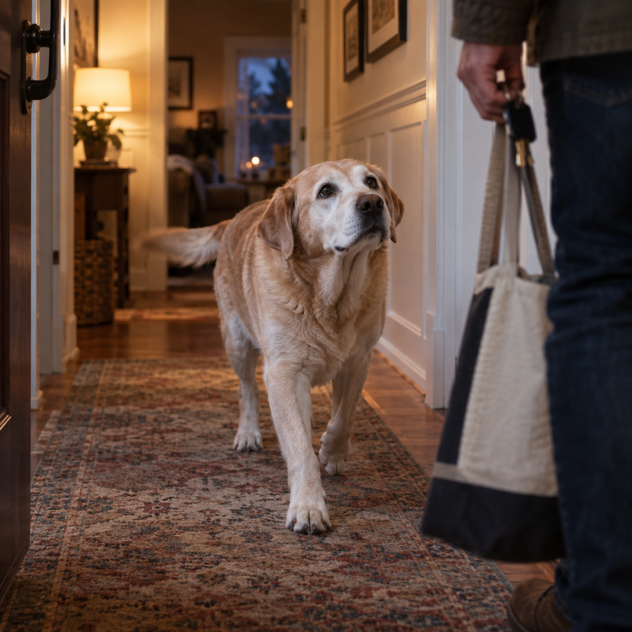 Illustrative senior Labrador walking toward its returning caretaker in a hallway