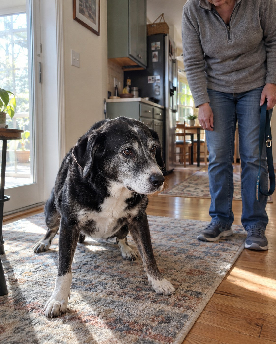 An older dog taking time to rise while a caregiver waits