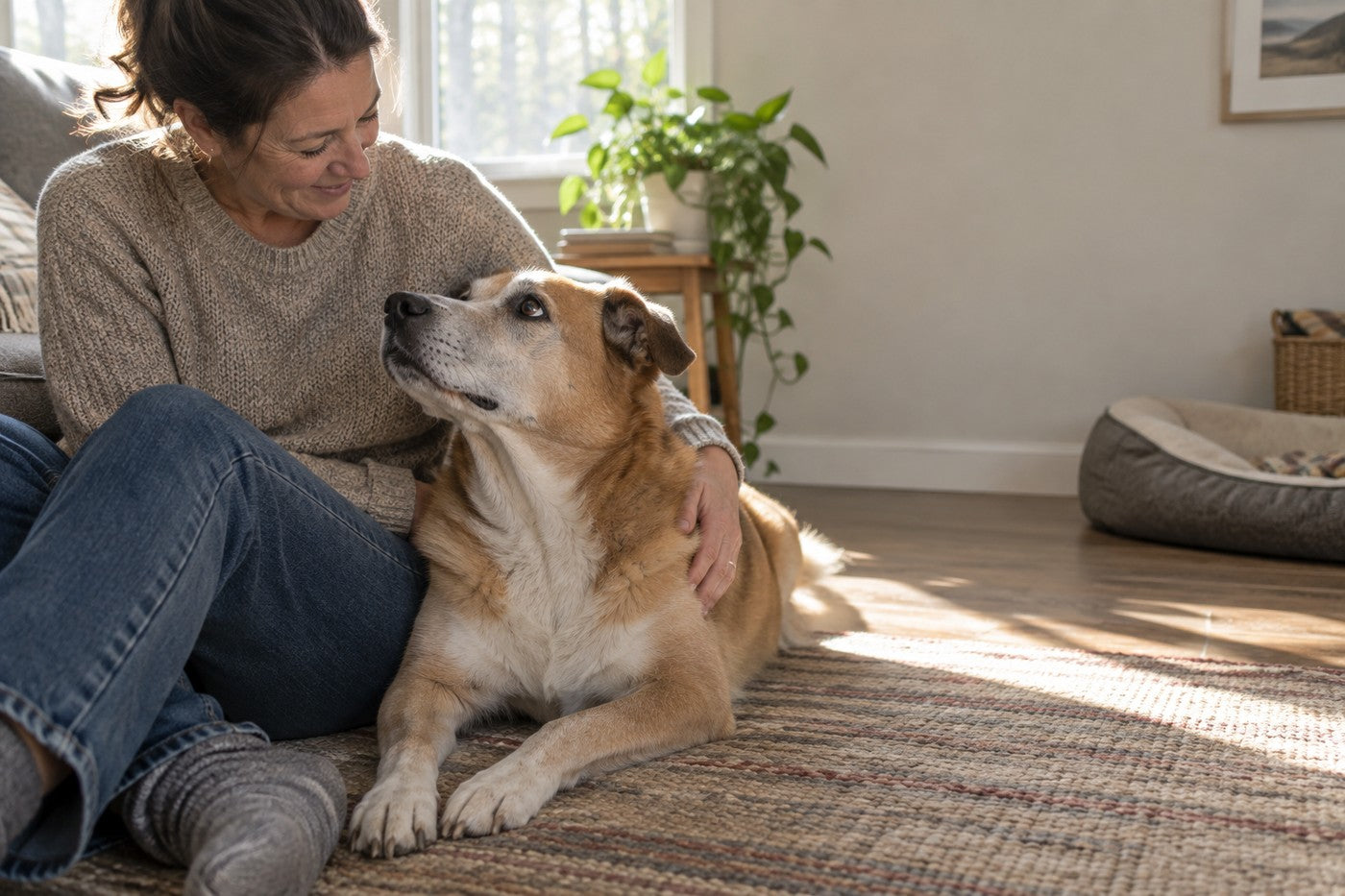 An older dog resting beside a caregiver at home