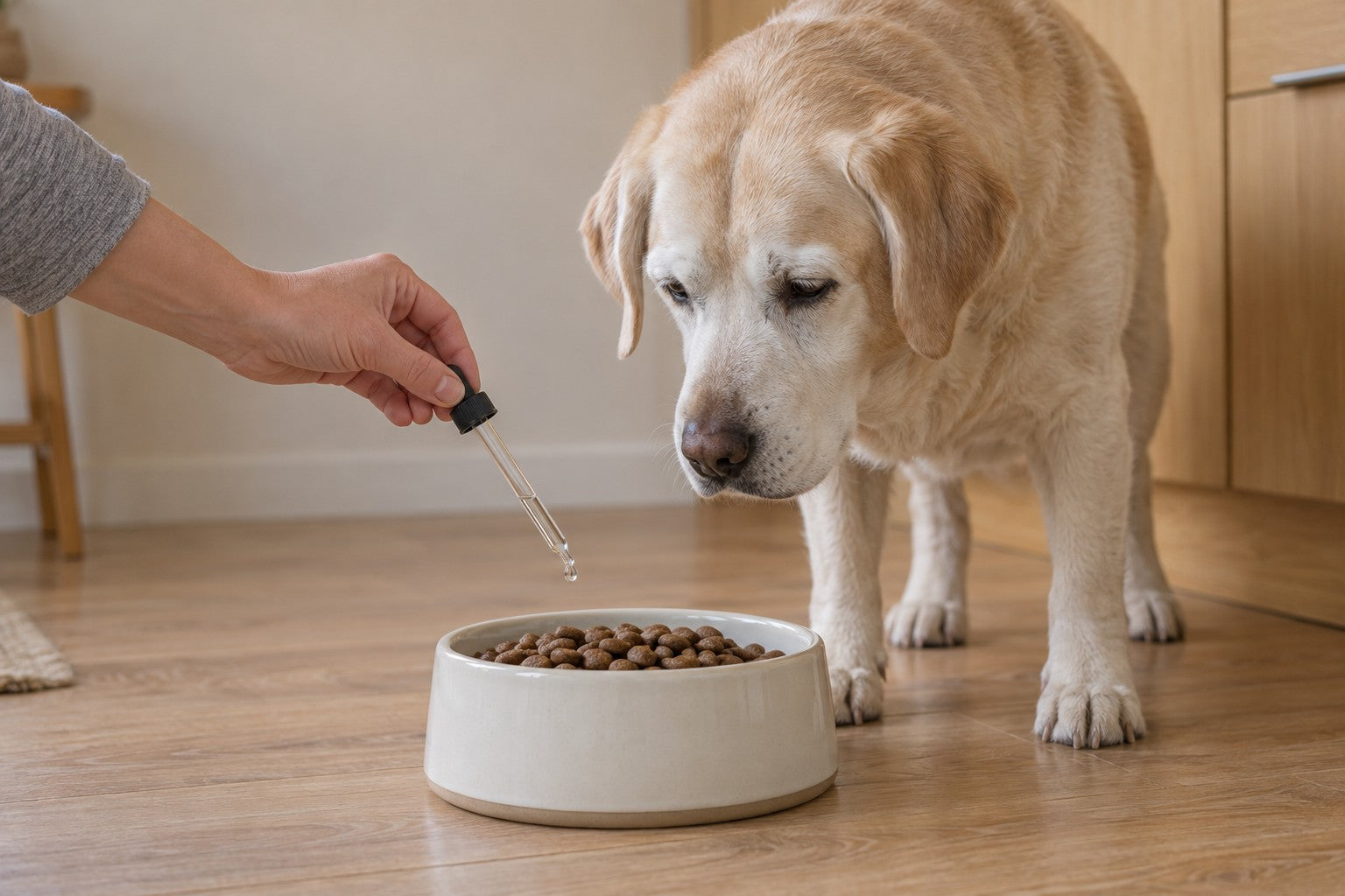 An old yellow Labrador at his breakfast bowl while a hand holds a glass dropper above the kibble, one clear drop about to fall