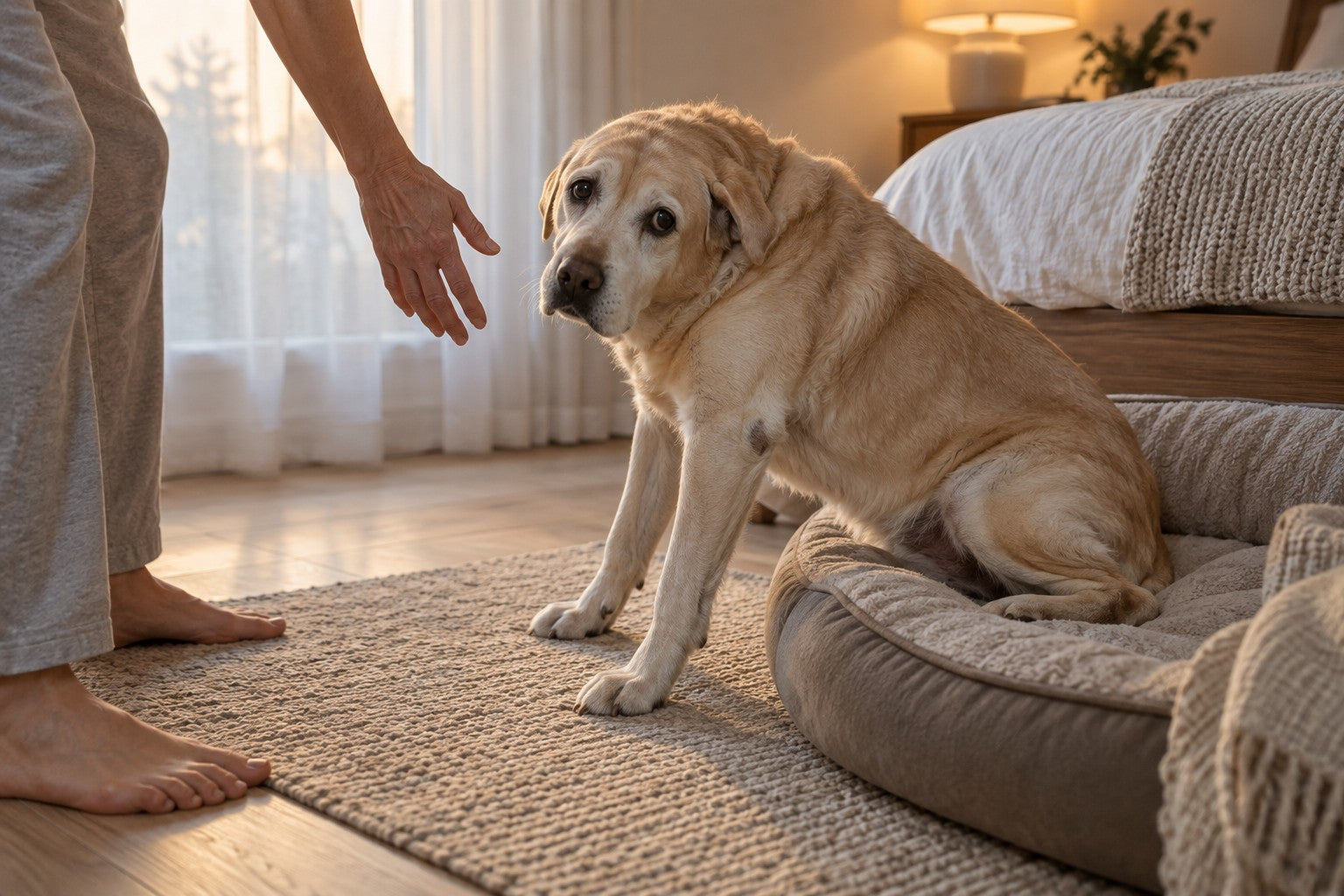 An old yellow Labrador stuck halfway up off his bed at dawn, front legs braced and hindquarters still down, looking back over his shoulder at his owner’s reaching hand