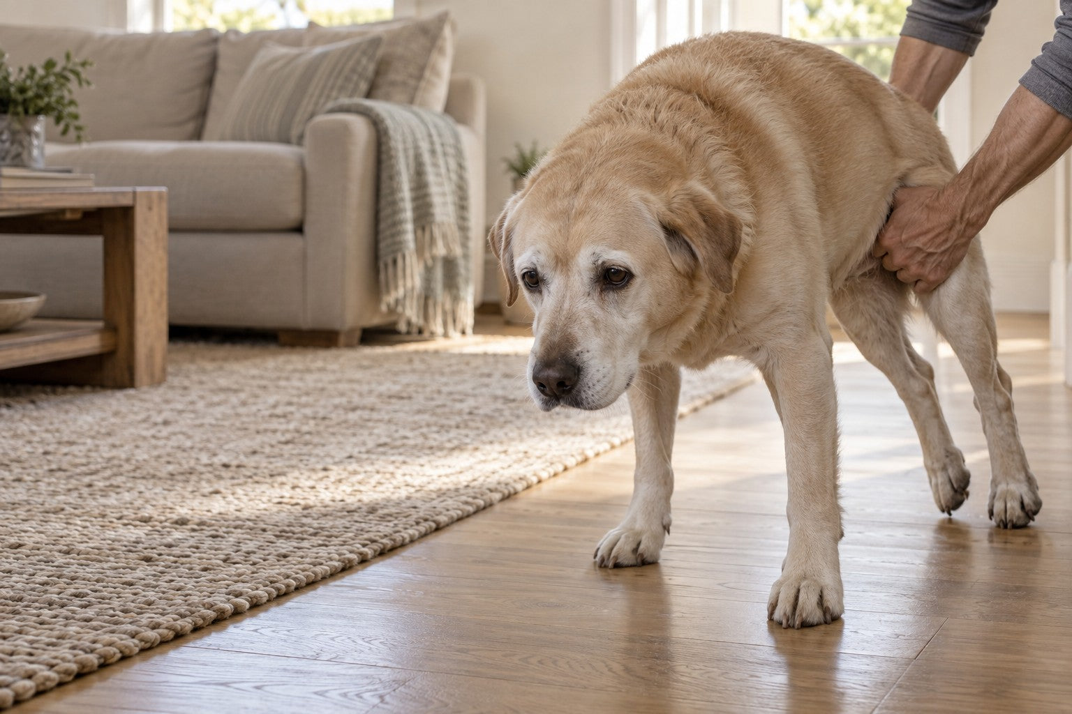 Two straining forearms hoisting an old yellow Labrador’s hindquarters off the floor from behind, his back legs hanging limp