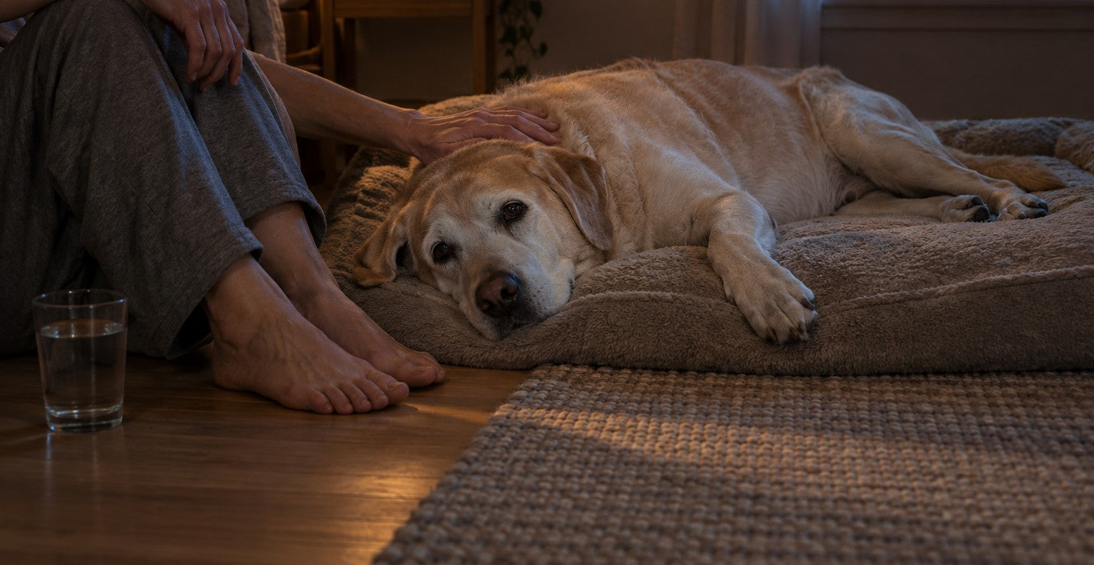 Night: an old yellow Labrador lying awake on his bed while his owner sits slumped on the floor beside him, one hand resting on his ribs