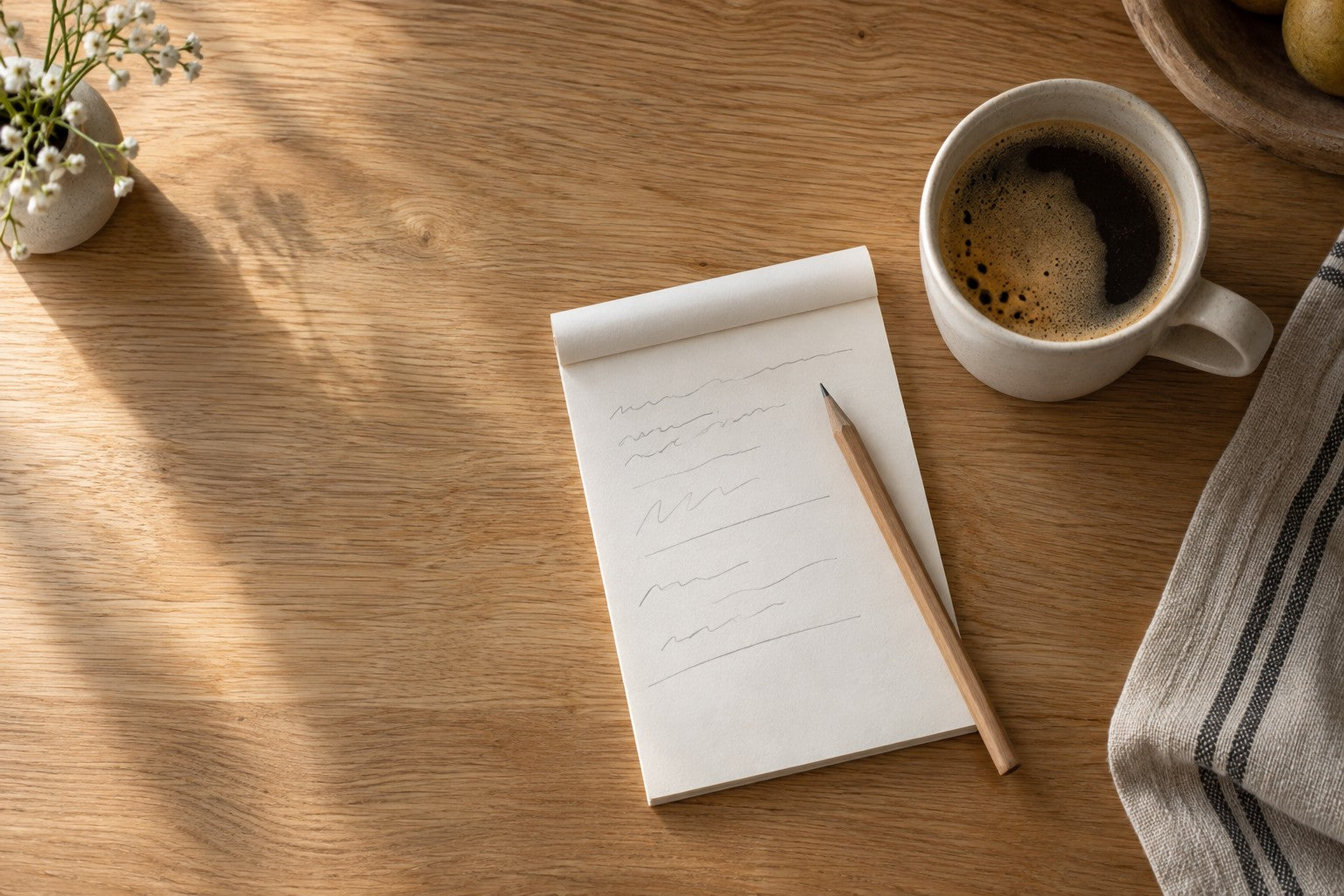 A small paper notepad with a pencil and short pencil marks on a kitchen table beside a mug of coffee
