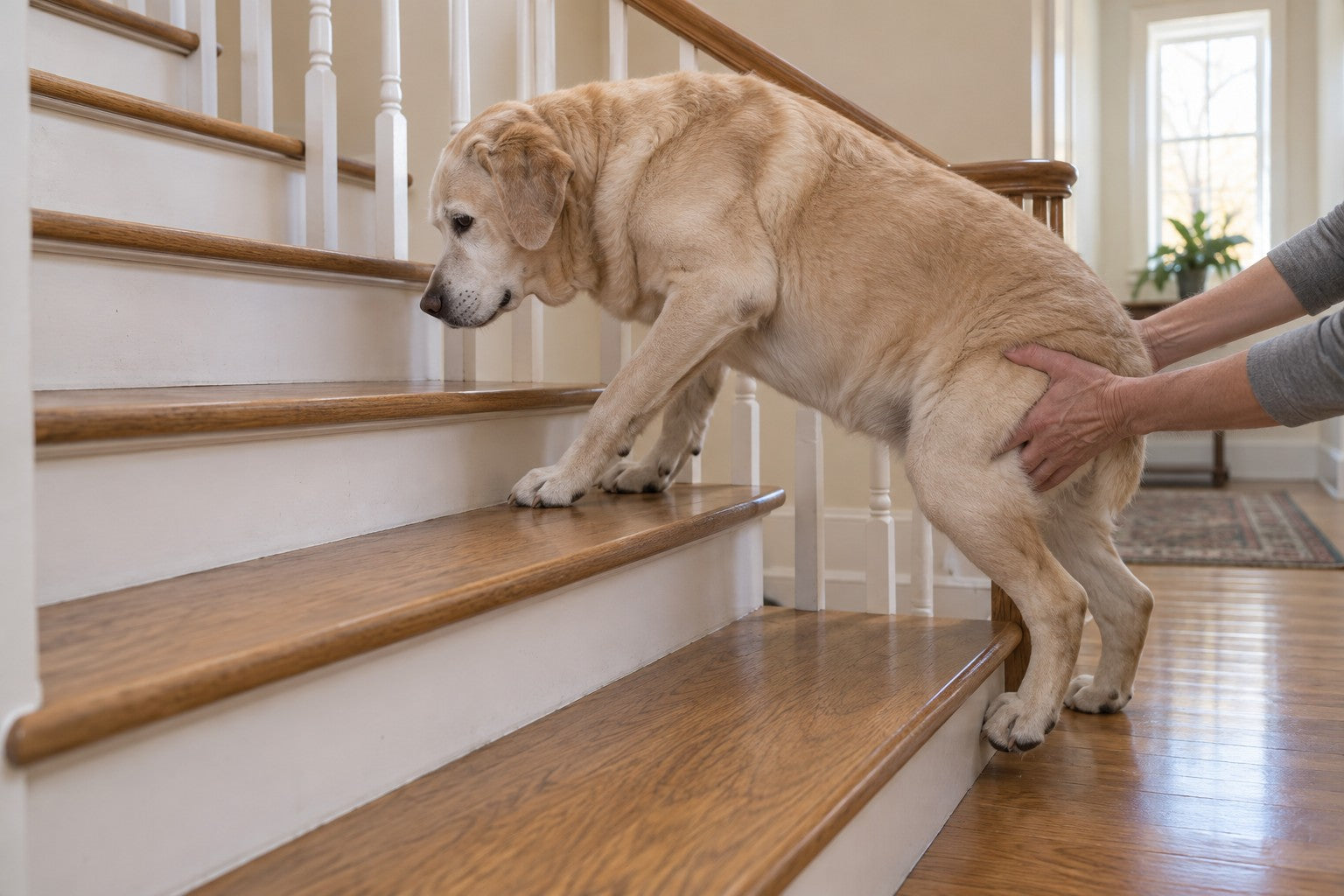 An old yellow Labrador climbing the first stairs, hind legs weak, while his owner’s two hands support his hips from behind