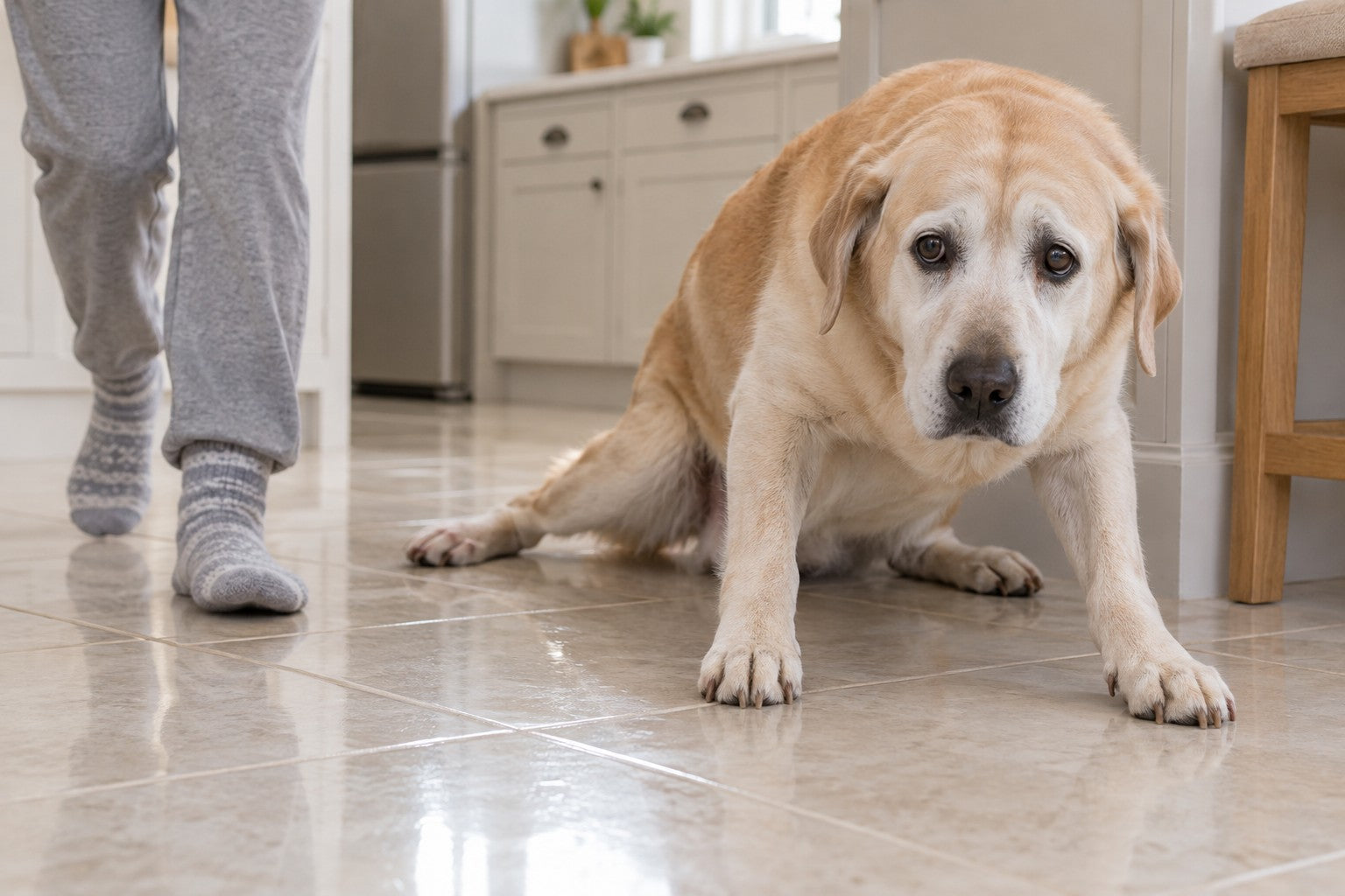 An old yellow Labrador trying to stand on a kitchen tile floor, both hind legs slid out sideways behind him, as his owner’s feet hurry toward him