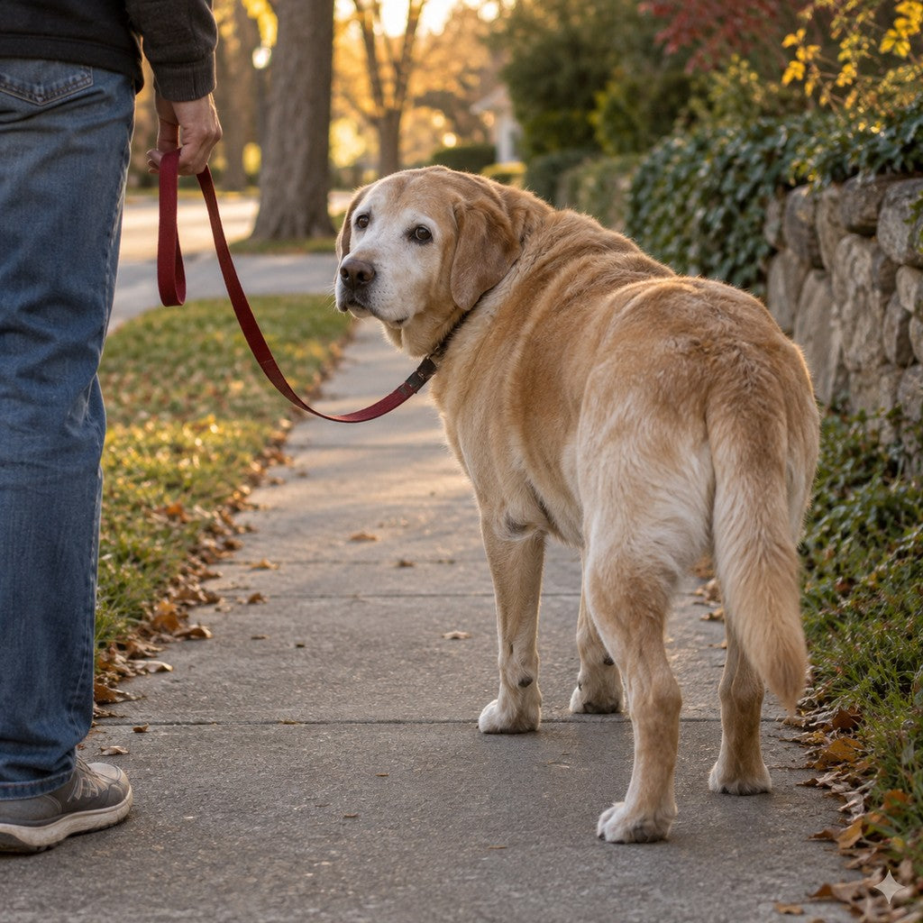 Illustrative older Labrador pausing halfway through a neighborhood walk and looking back at its caretaker