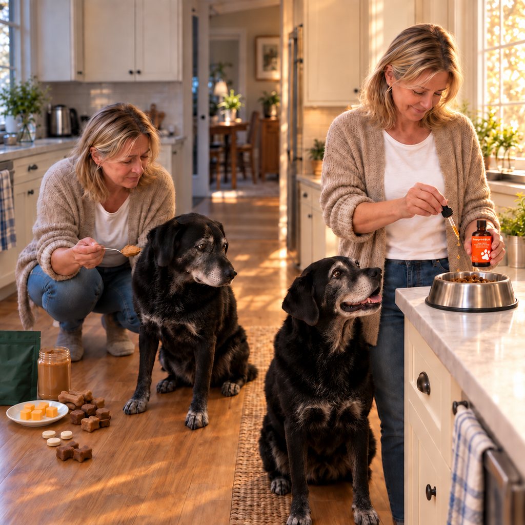 Illustrative comparison: a senior black dog turns away from a chew and pills, then watches Pawprint Protocol drops added to his familiar dinner