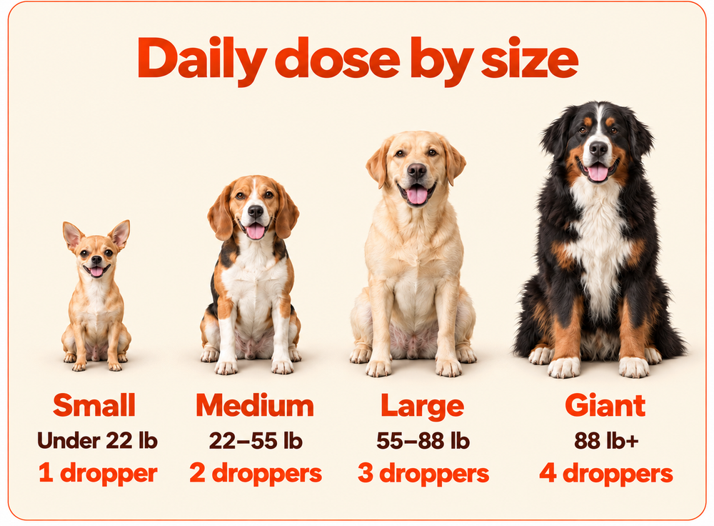 Daily dose by size: Small under 22 lb, 1 dropper; Medium 22–55 lb, 2 droppers; Large 55–88 lb, 3 droppers; Giant 88 lb+, 4 droppers.