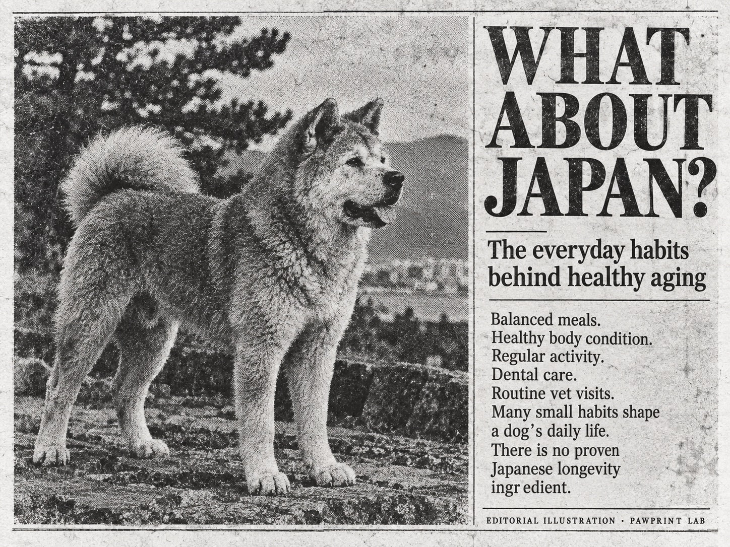 Black-and-white newspaper-style illustration of an Akita and everyday dog-care habits