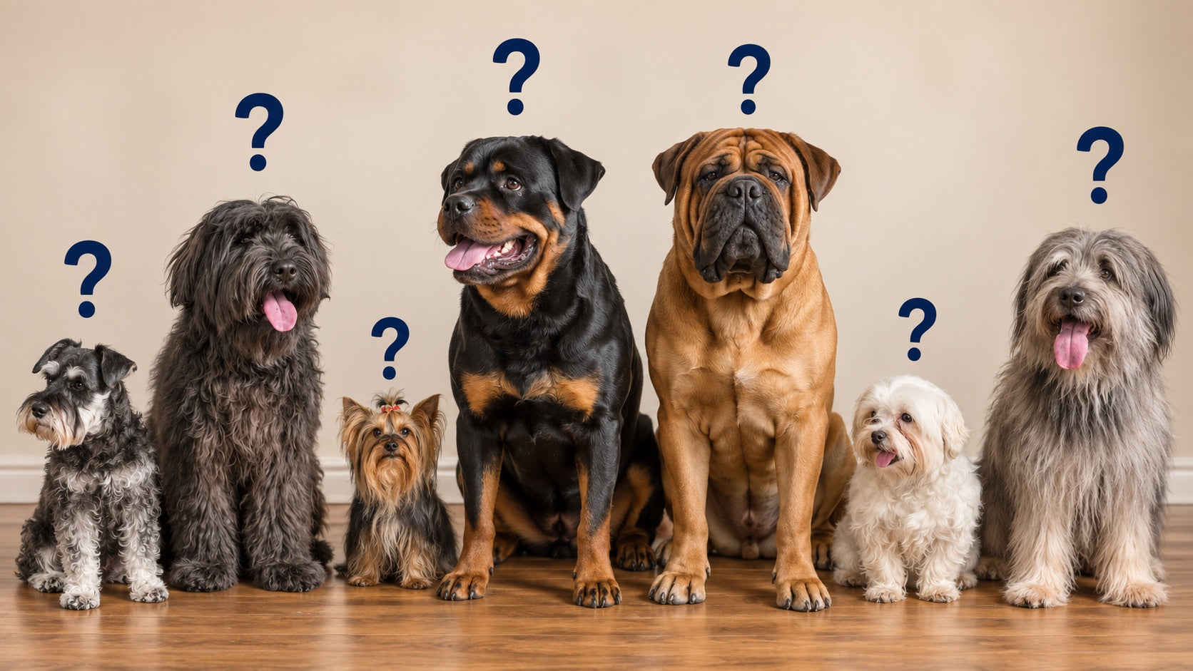Seven dogs of different breeds with question marks above them