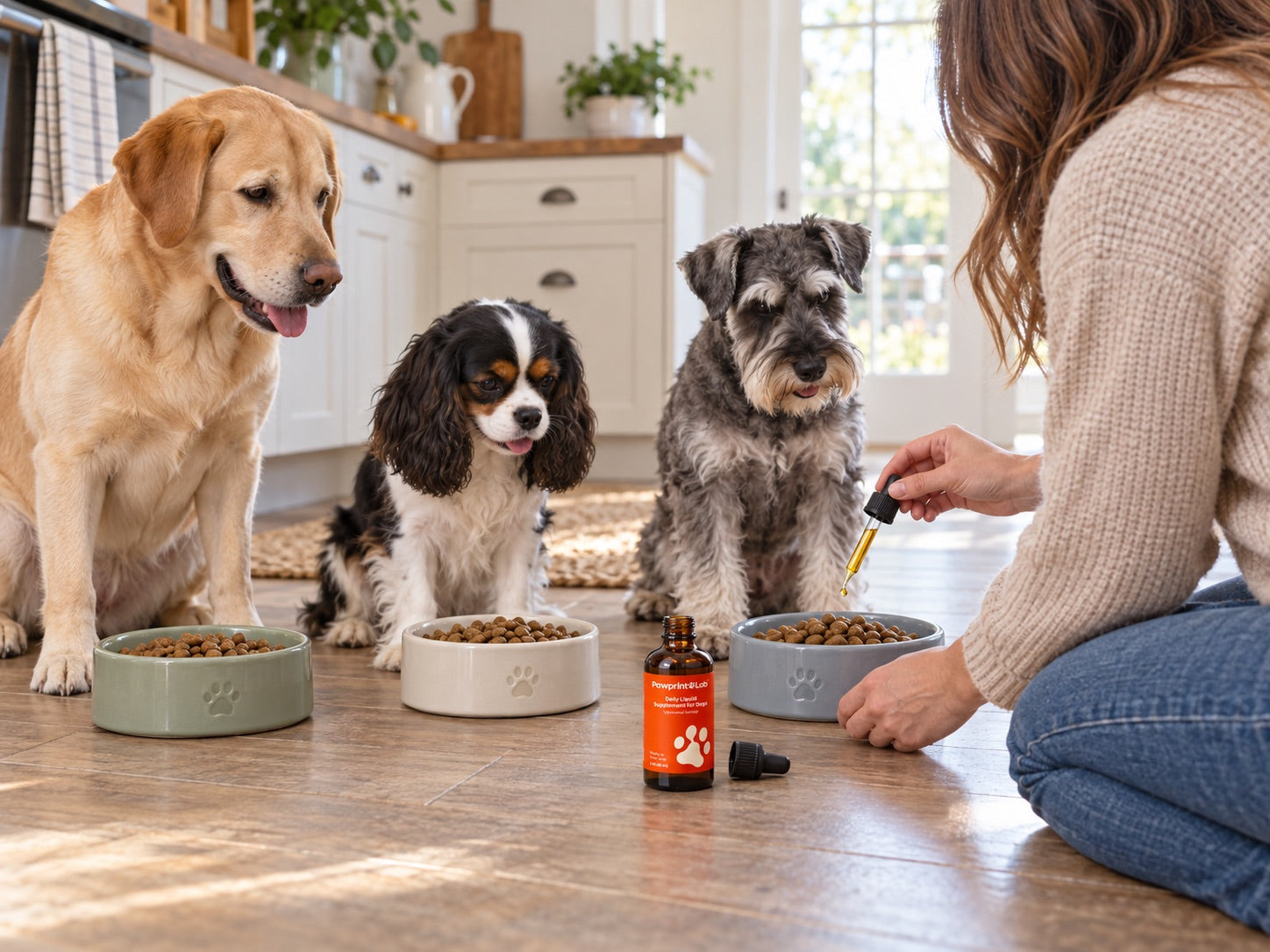 Illustration of a dog owner adding Pawprint Protocol drops to food while three different breeds wait