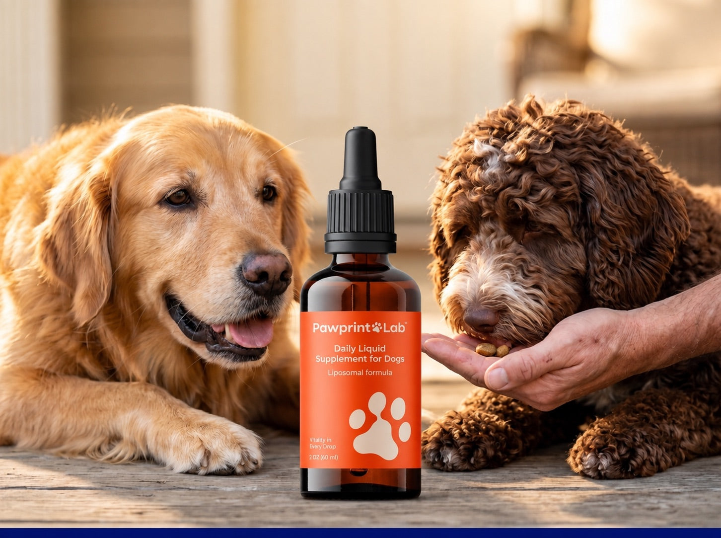 Two dogs beside Pawprint Protocol with the liposomal formula label