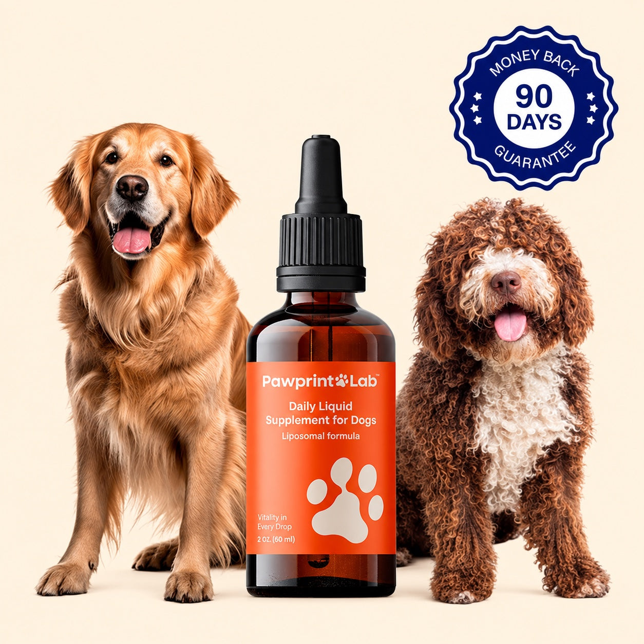 Pawprint Protocol bottle beside two dogs with a 90-day money-back guarantee seal