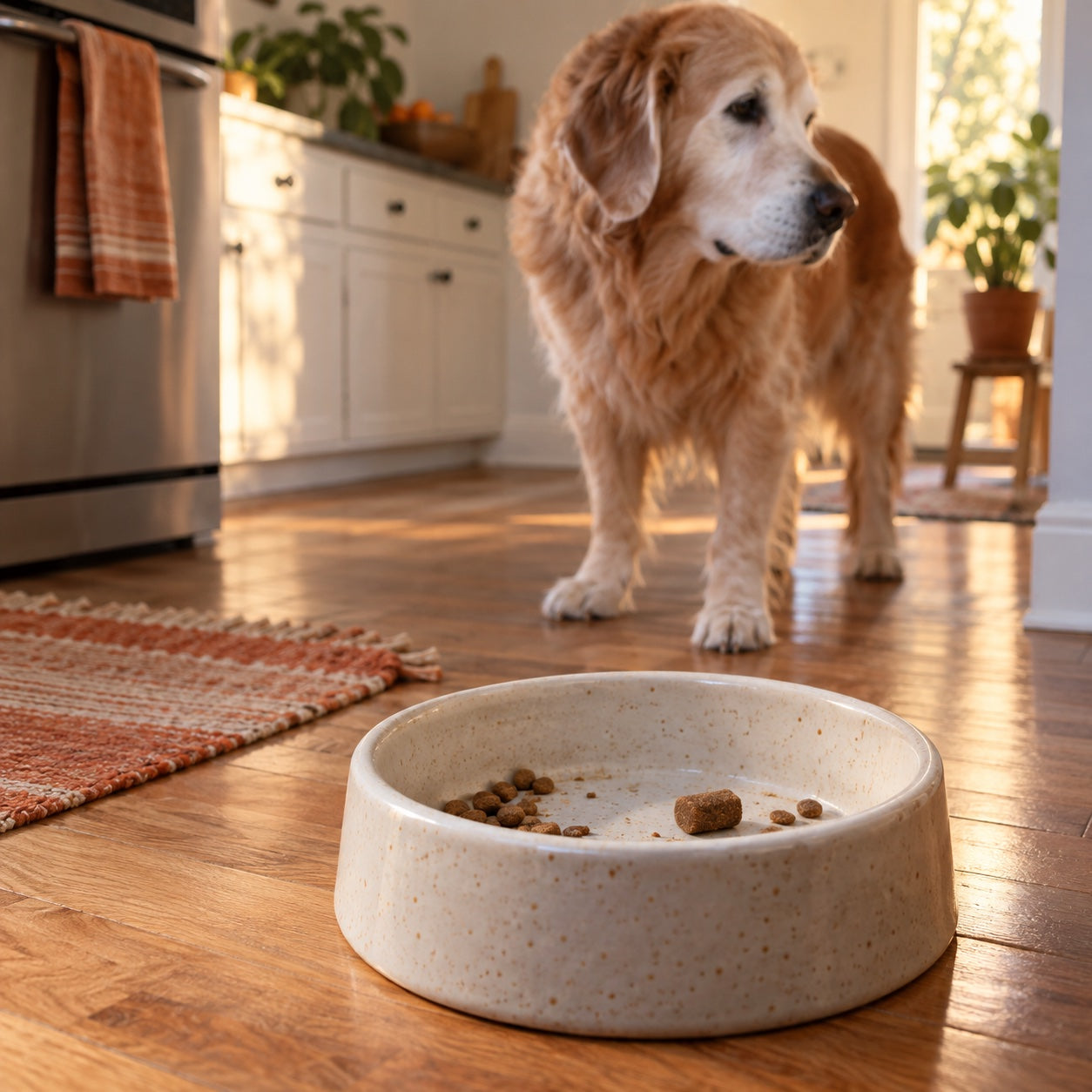 Illustration of a senior dog looking away from a bowl with a supplement left behind